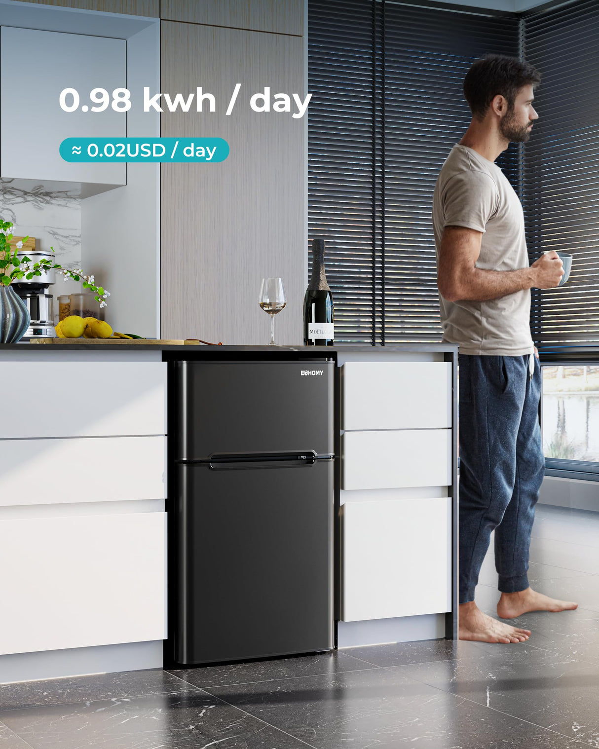 EUHOMY Mini Fridge with Freezer, 3.2 Cu.Ft Mini Refrigerator, Dorm Fridge with 2 Door For Bedroom/Apartment/Office-Food Storage Cooling Drink, Black EUHOMY