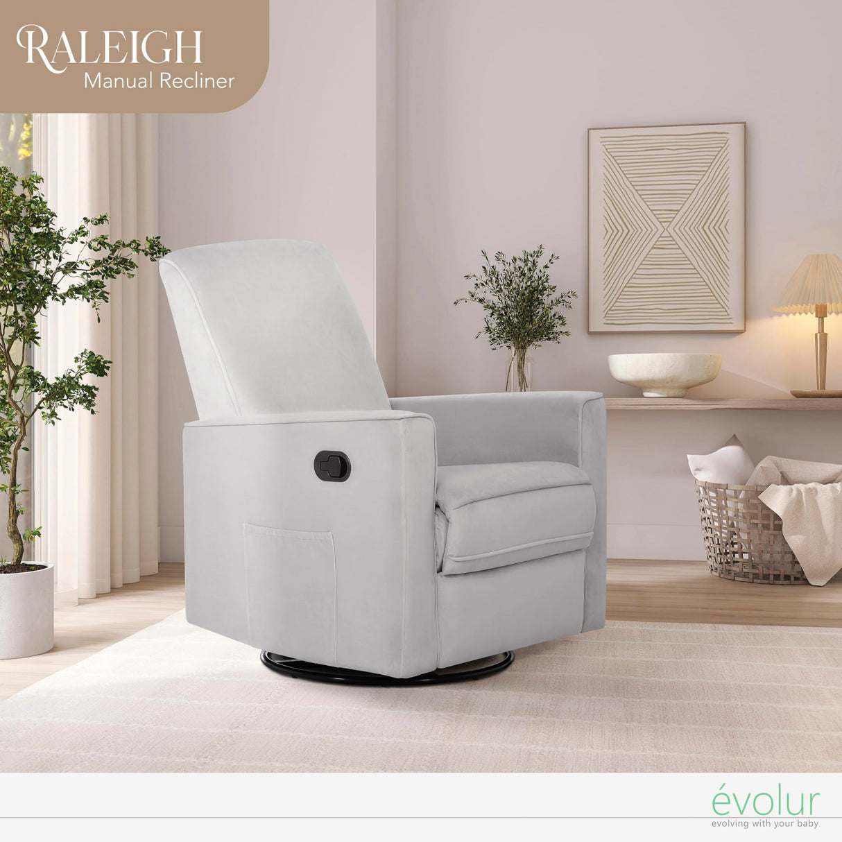 Evolur Raleigh Glider in Grey, Upholstered Plush Seating 360° Swivel Glider Rocking Chair, FSC Certified, Greenguard Gold & JPMA Certified Nursery Glider Recliner Evolur