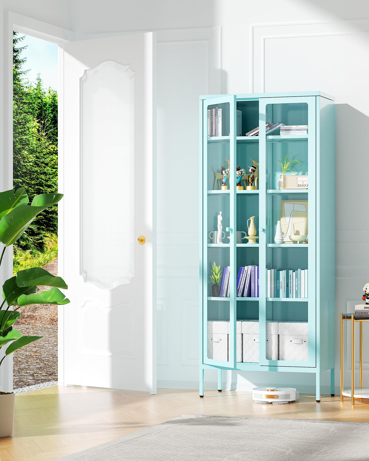 Bonusall Display Cabinet with Glass Doors,67” Metal Display Curio Cabinet with Glass Doors and 4 Adjustable Shelves for Collectibles,Home Office,Living Room,Gaming Room(Blue) Bonusall