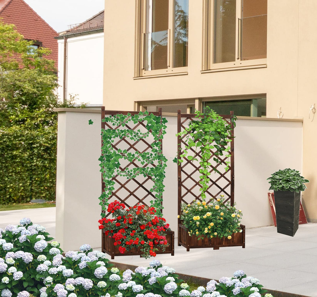 Anraja Raised Garden Bed Planter with Trellis Outdoor Wood Box 67in Set of 2 Flower Standing Planter Box Privacy Lattice Panels with Legs for Patio Porch w/Drainage Holes Anraja