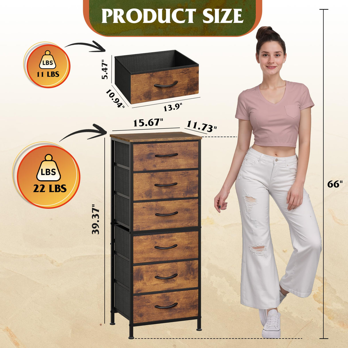 WLIVE Tall Dresser for Bedroom, 6 Drawer Dressers & Chests of Drawers, Fabric Dresser for Closet, Night Stand with Metal Frame, Storage Tower with Fabric Bins, Wood Top, Rustic Brown Wood Grain Print WLIVE
