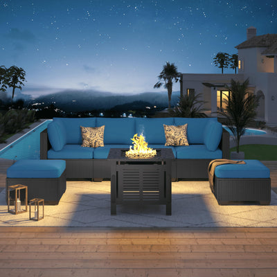 U-MAX 7 Piece Outdoor Patio Furniture Set with 30 Inch Fire Pit Table, PE Rattan Wicker Sofa Set, Outdoor Sectional Furniture Set with Cushions and Tea Table, Black Rattan and Peacock Blue Cushion