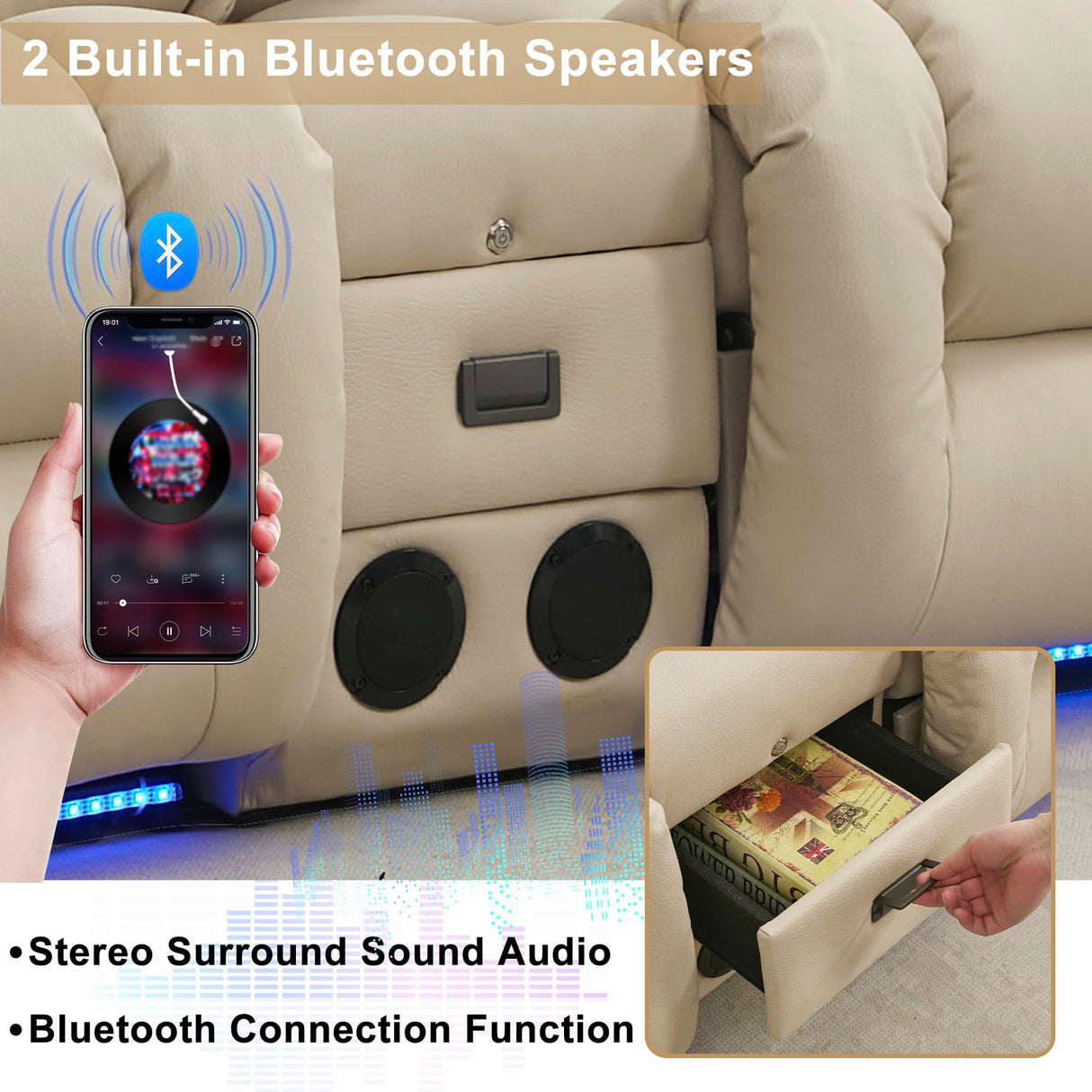 URRED Power Reclining Loveseat Sofa with Console, RV Couch Loveseat Recliner Sofa with Massage & Heat, LED Light, Cupholders, Bluetooth Speakers, USB Charge Ports, Outlets, Leathaire, Beige URRED