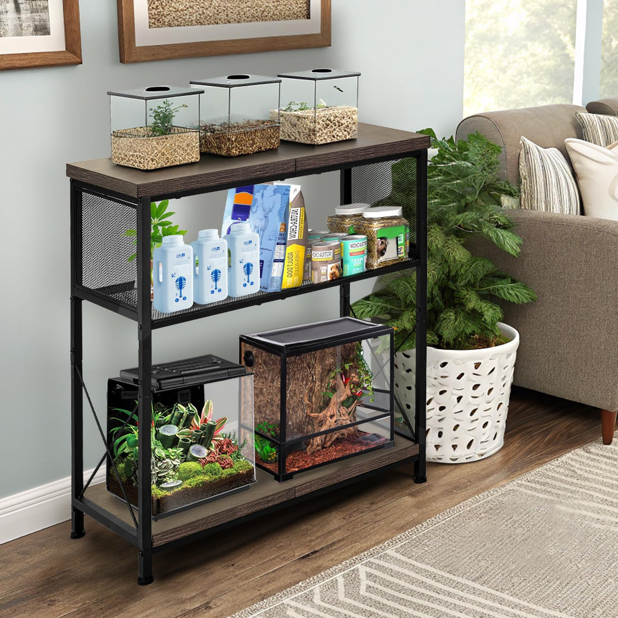 LALA IKAI Fish Tank Stand, 10-20 Gallon Metal Aquarium Stand Table with 2 Tiers Storage Shelf, 4-Leg Reptile Tank Stand 25.59" L x 12.60" W x 30.70" H, Black LALA IKAI