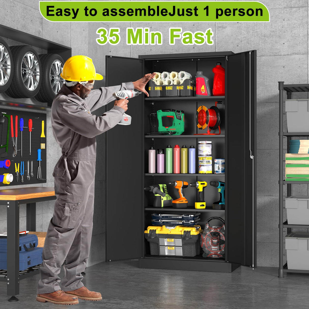 Garage Storage Cabinet with Lock, 71" Tall Cabinet with Doors and Adjustable Shelves, Heavy Duty Metal Cabinets and Storage System, Steel File Cabinet for Home Office,Workshop - Assemble Required Polup