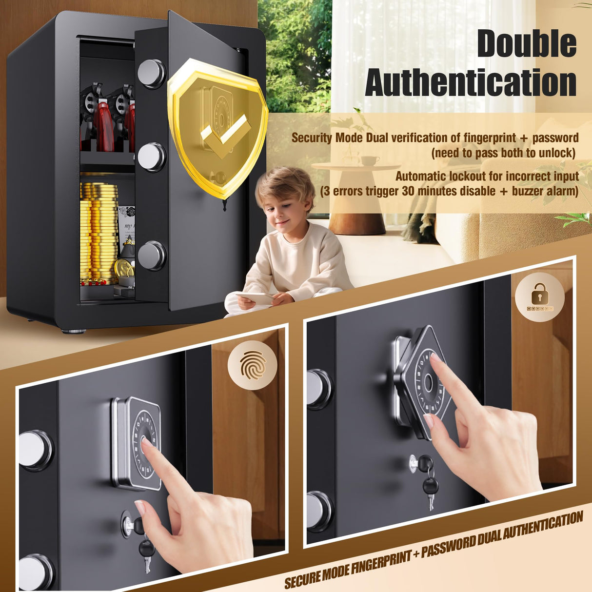2.3 Cu Ft Safe Box Quick-access Gun Safe with Adjustable Shelf Safes for Home Documents Biometric Fingerprint Safe Box Waterproof With Alarm Lock box for Office Hotel Home ZIWJHK