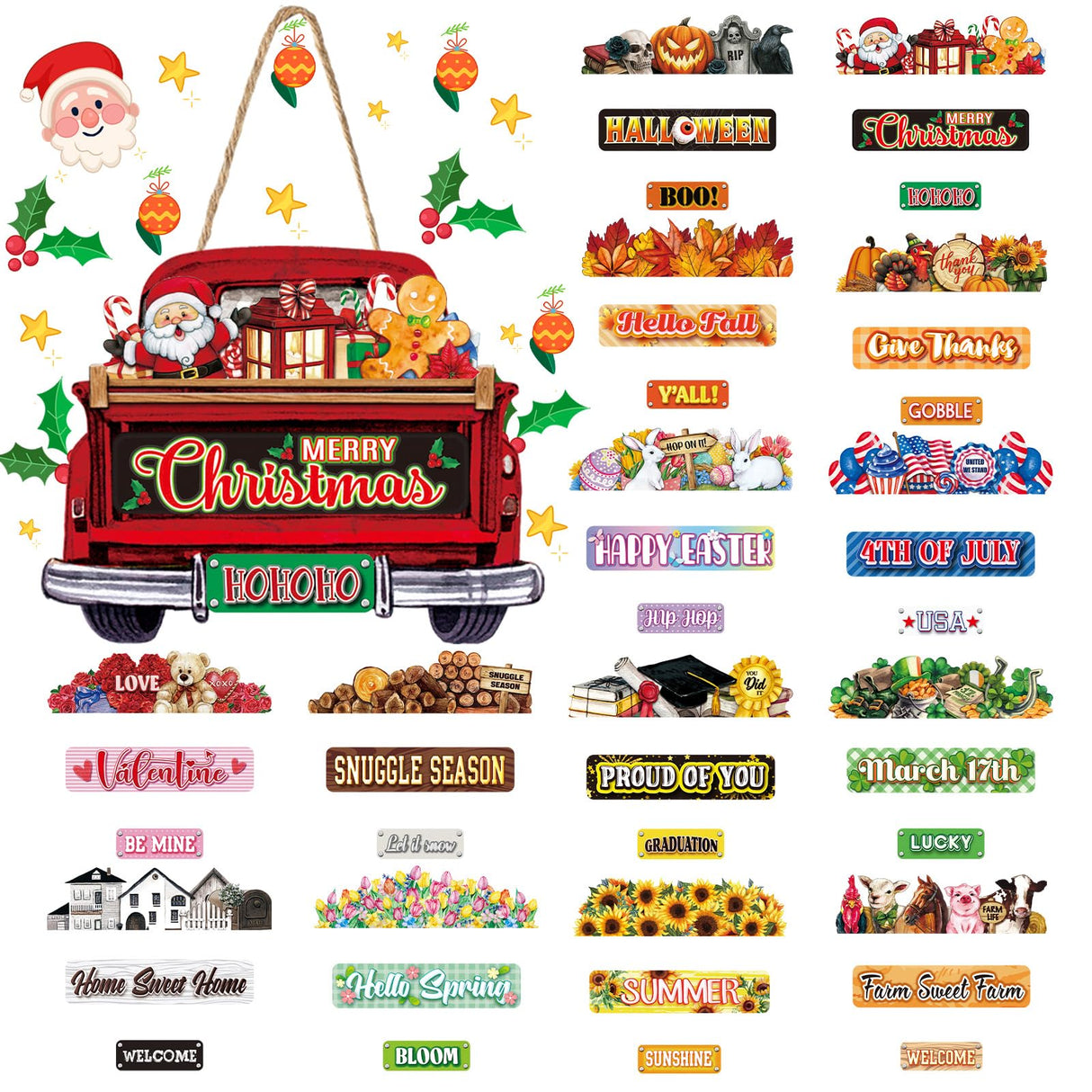 Suzile 43 Pcs Interchangeable Christmas Welcome Sign for Front Door Farmhouse Truck Porch Hanging Decor with 42 Interchangeable Seasonal Sign Wooden Wall Outdoor Christmas Thanksgiving Ornament(Red) Suzile