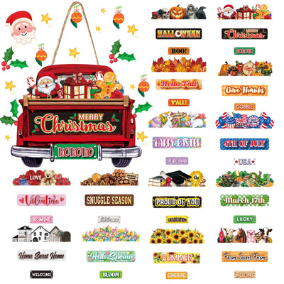 Suzile 43 Pcs Interchangeable Christmas Welcome Sign for Front Door Farmhouse Truck Porch Hanging Decor with 42 Interchangeable Seasonal Sign Wooden Wall Outdoor Christmas Thanksgiving Ornament(Red)