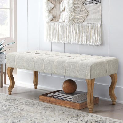 ECOTOUGE French Vintage Button-Tufted Upholstered Entryway Bench, Linen Fabric Accent Bench with Distressed Wood Legs for Living Room, Foyer, Dining Room, Beige