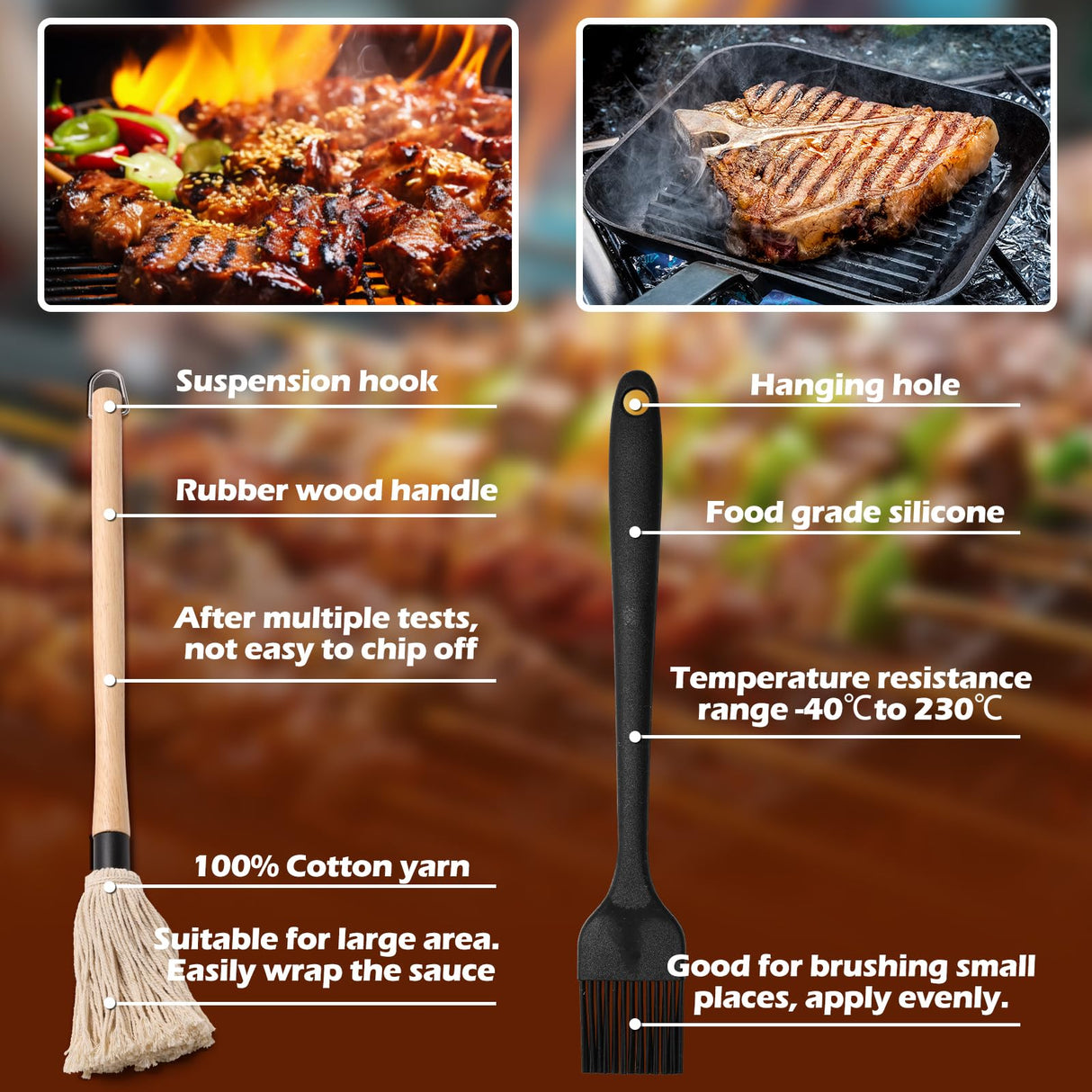 Zhaoyao BBQ Mop Brushes for Sauce and Cast Iron Sauce Pot for Grilling, 2PCS Wooden Handle Mop Brushes 18+11 Inch with 4PCS Replacement Silicone BBQ Basting Brush for Cooking Grill Spatula Zhaoyao