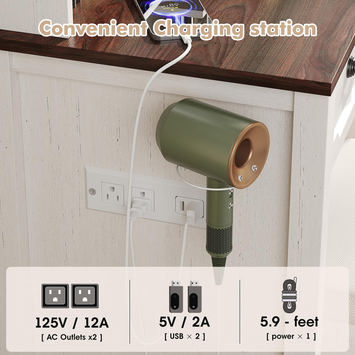 Maupvit Farmhouse Makeup Vanity Desk with LED-Light Mirror with Charging Station and Bedside Table ,3 Lighting Color Adjustable,White Vanity Desk Set with Large Drawers for Bedroom Maupvit