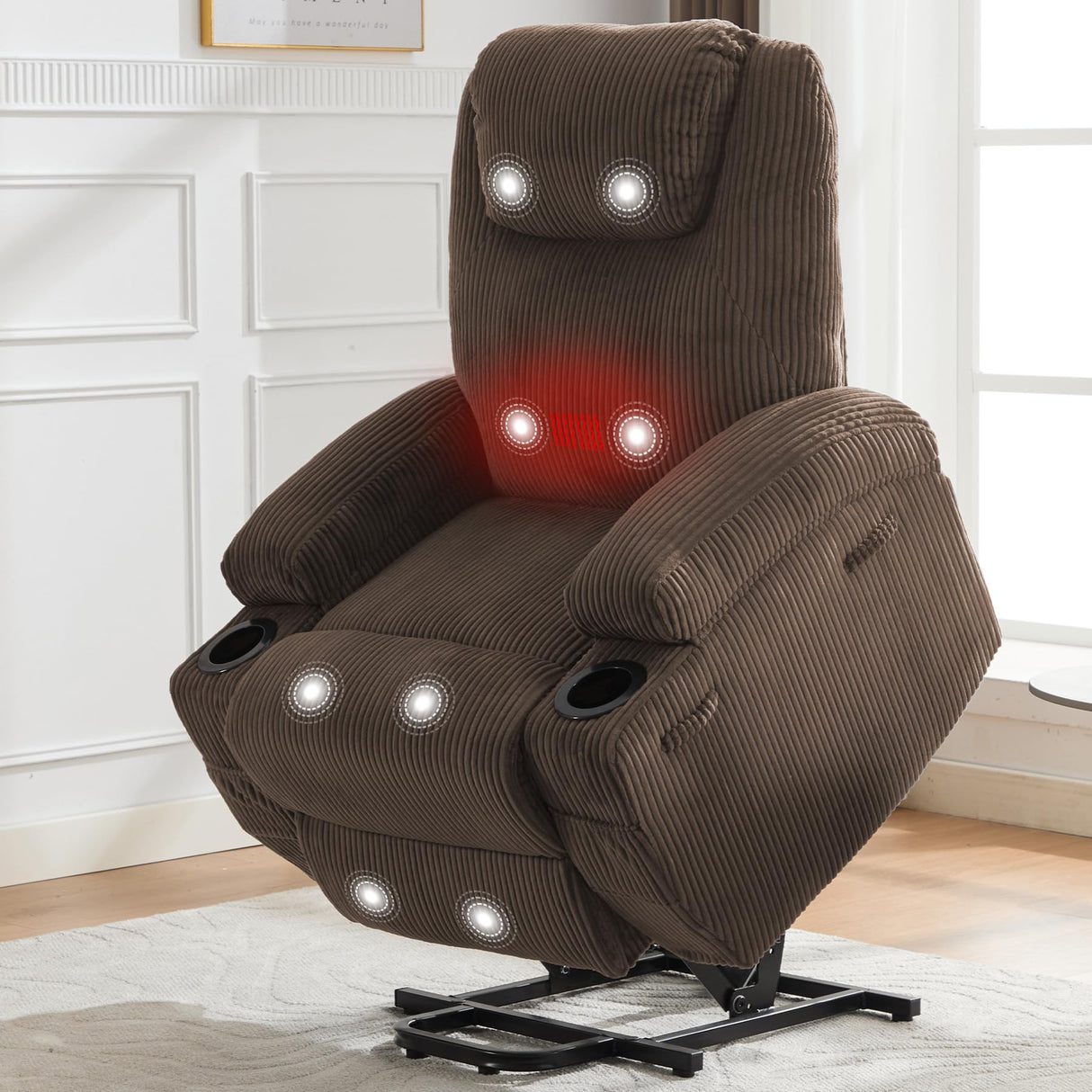 Power Lift Recliner Chair for Elderly,Lift Chair with Massage and Heat for Living Room,155°Adjustable Corduroy Electric Recliner Chairs with 2 Cup Holders and Stand Assist for Living Room,Brown MilleLoom
