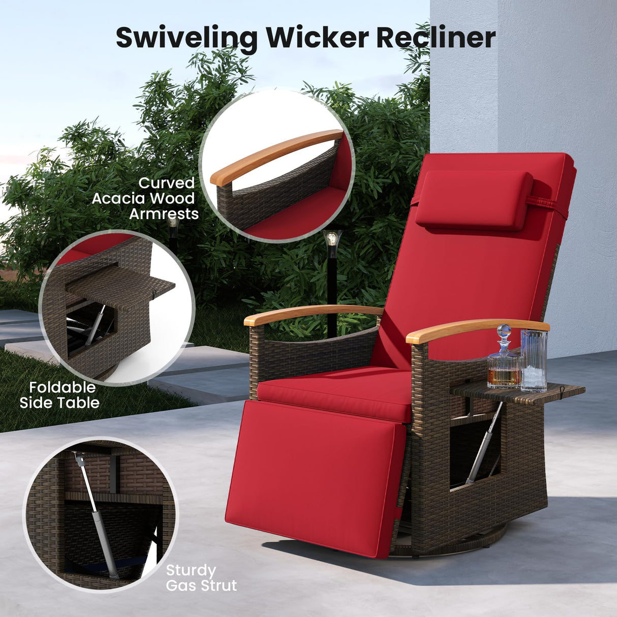 Tangkula Patio Rattan 360 Degree Swivel Recliner Chair, Wicker Lounge Chair w/Adjustable Backrest & Footrest, Cushioned Push Back Reclining Seat w/Flip Side Table for Porch, Yard, Lawn (Red,2) Tangkula