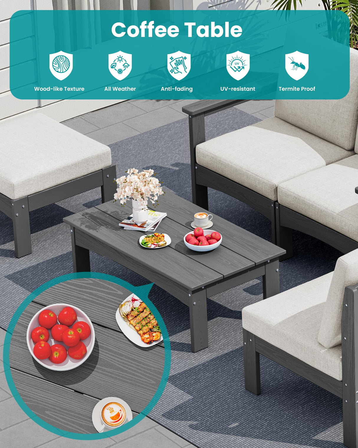 SERWALL 2 Pieces Patio Sofas, HDPE Outdoor Conversation Set with Cushions and Ottoman, Modular Sectional Patio Furniture for Backyard, Deck, Garden, Poolside, Grey Frame with Khaki Cushion SERWALL