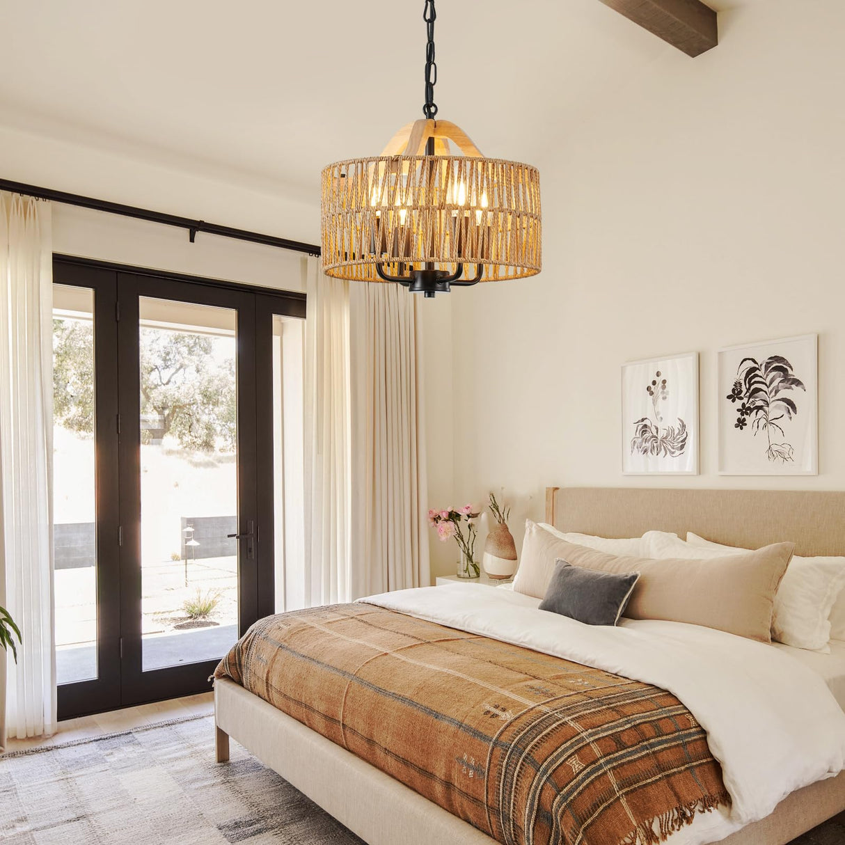 ZSDHXi Rattan Pendant Light Fixtures, 4-Light Boho Chandelier with Woven Drum Shade, Farmhouse Dining Room Ceiling Hanging Lamp, Small Wicker Coastal Pendant Lighting for Kitchen Island Hallway ZSDHXi