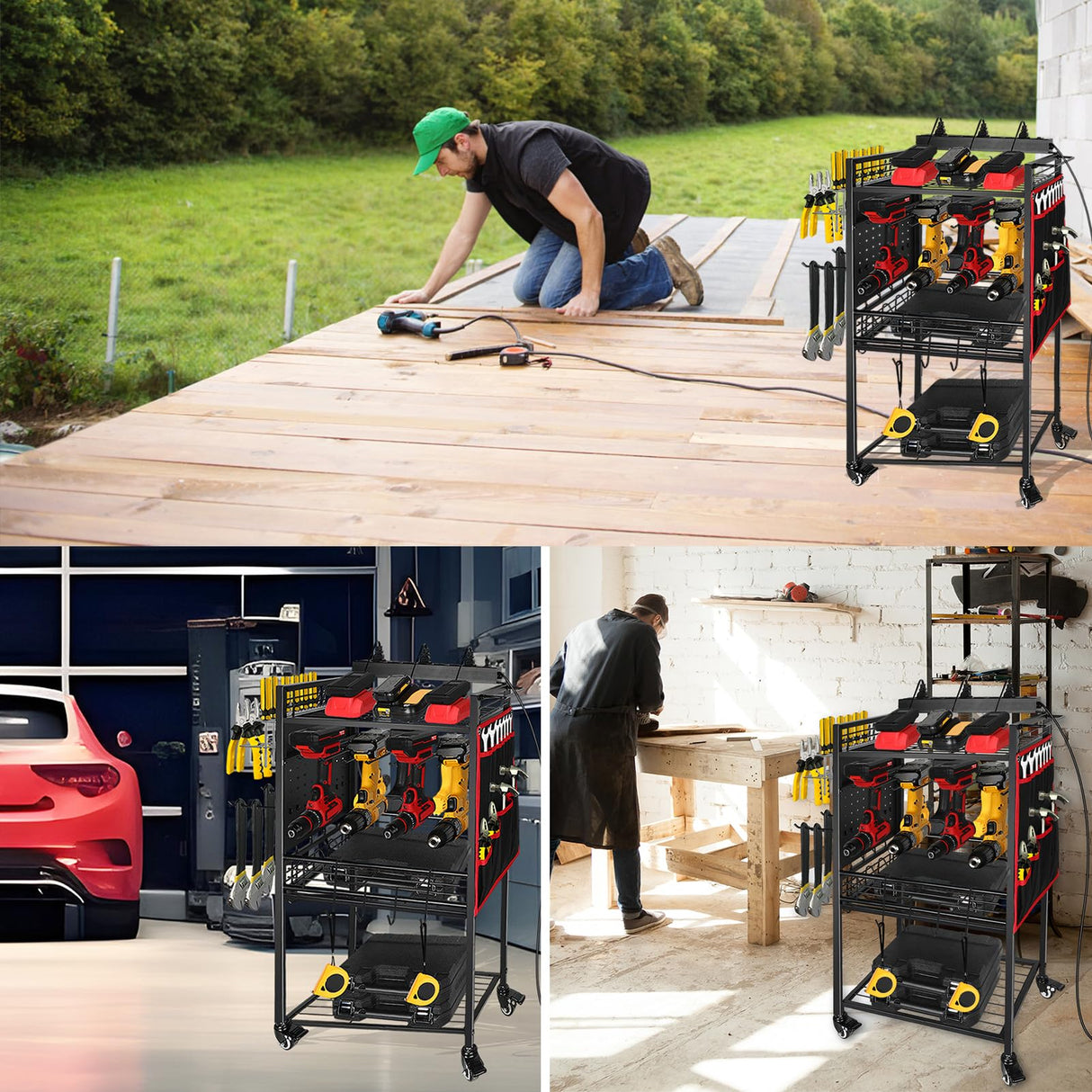 ElecVoztile Garage Power Tool Organizer Cart with Charging Station, Floor Stand Rolling Drill Holder and Tool Battery Storage Cart on Wheels, 3-Layer Utility Rack Shelf with 8 Outlet Power Strip,Black ElecVoztile