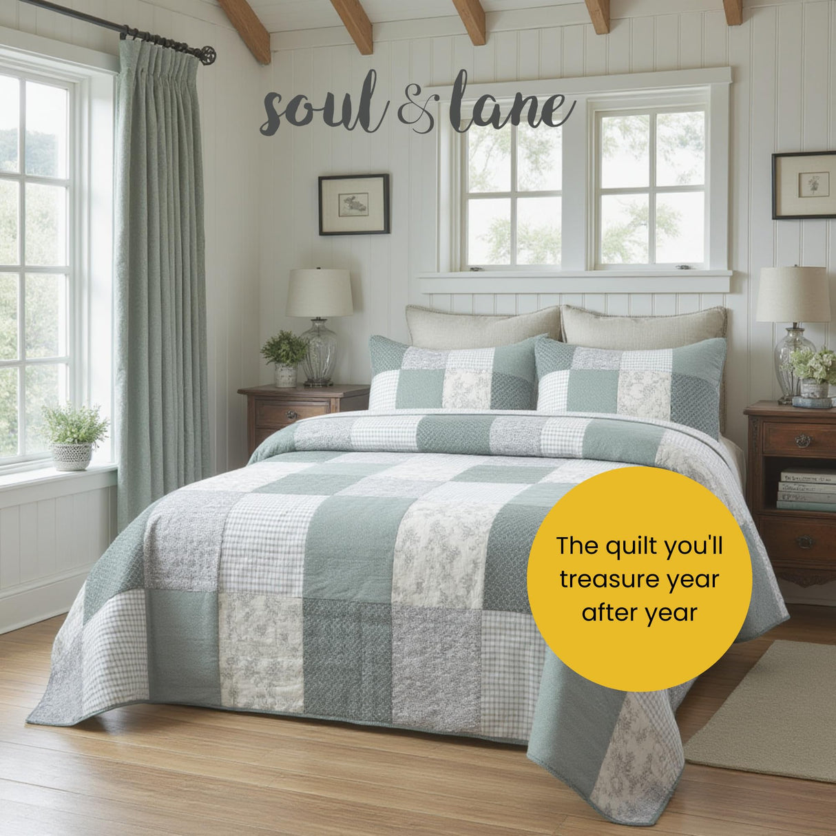 Soul & Lane Memory Lane 3-Piece Cotton Quilt Set - Queen Size with 2 Shams, Sage Green Patchwork Quilted Comforter, Lightweight Country Pieced Bedspread, Neutral Modern Farmhouse Bedding Soul & Lane