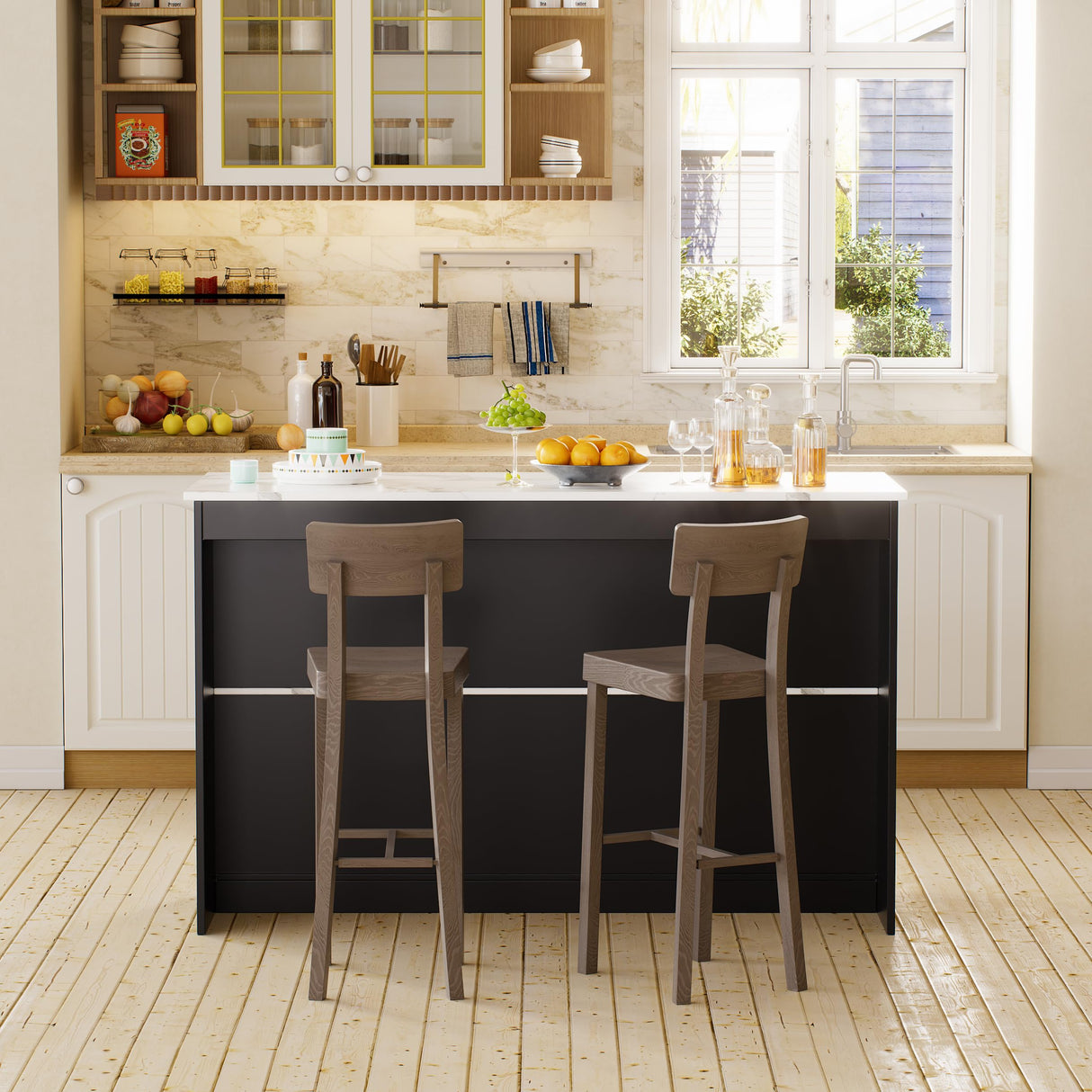 PAKASEPT 43'' Modern Kitchen Island with Storage,Island Table with LED Lights & Cabinet for Kitchen,Imitation Marble Large Dining Table for 4,Dining Room,Living Room,Home Bar,Black PAKASEPT