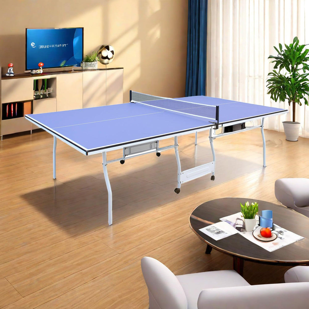 NicBex Ping Pong Table 9ft Mid-Size Table Tennis Table Foldable Portable Ping Pong Table Set with Net, 2 Table Tennis Paddles and 3 Balls for Indoor & Outdoor Games for Adults and Family, Blue NicBex