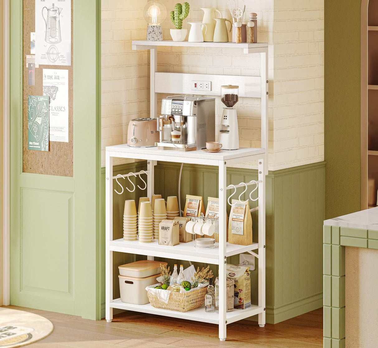 SUPERJARE Kitchen Bakers Rack with Power Outlet, Coffee Bar Table 4 Tiers, Microwave Stand with 6 S-Shaped Hooks, Storage Shelf Rack for Spices, Pots and Pans - White SUPERJARE