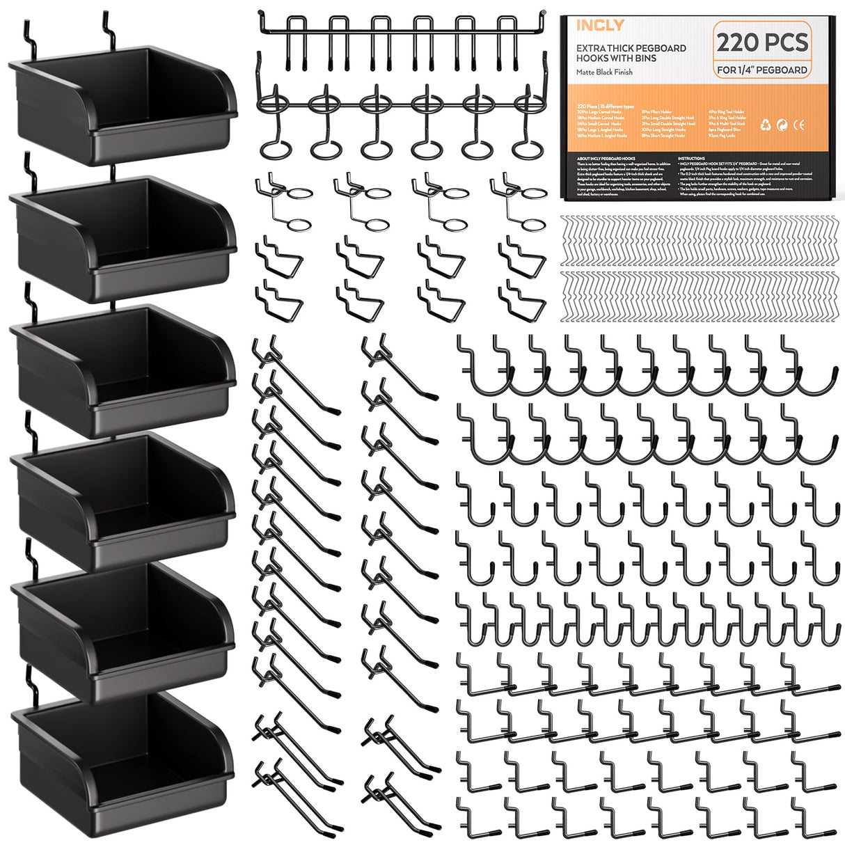 INCLY 220PCS Extra Thick 1/4" Pegboard Accessories Organizer Kit, Heavy Duty Black Pegboard Hooks with Bins and Peg Lock, Peg Board Hooks Assortment for Garage Wall Attachments Hanging Tools INCLY