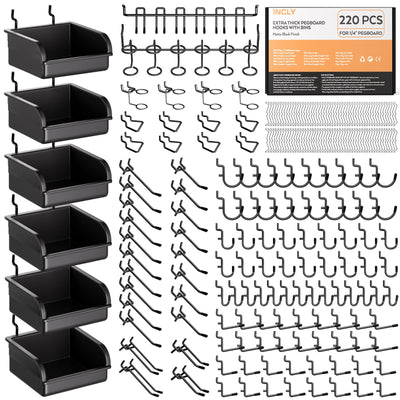 INCLY 220PCS Extra Thick 1/4" Pegboard Accessories Organizer Kit, Heavy Duty Black Pegboard Hooks with Bins and Peg Lock, Peg Board Hooks Assortment for Garage Wall Attachments Hanging Tools