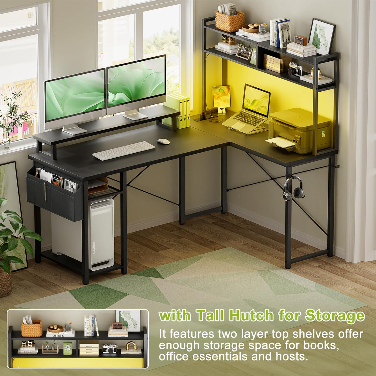 Besiost Small L Shaped Desk Gaming Desk with Power Outlets, 48" Reversible L Shaped LED Computer Desk with Monitor Stand & Storage Shelf, Corner Gamer Desk Home Office Desk with Storage Bag, Black Besiost