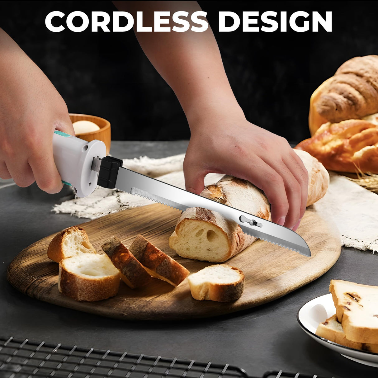HAUSHOF Cordless Electric Knife Set for Meat Slicing, 8V Electric Carving Knife for Fish, Bread, Turkey, Rechargeable Meat Cutter with Reciprocating Stainless Steel Blades, Safety Lock & Storage Case HAUSHOF