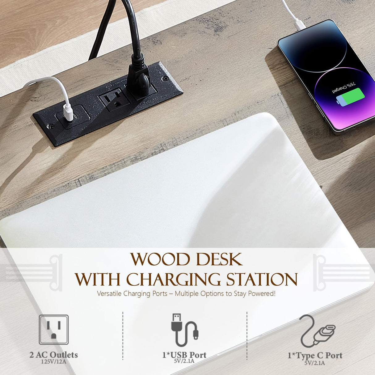 Yechen 55'' Wood Executive Desk with 7 Drawers - Farmhouse Home Office Desks with Power Outlet, Wooden Computer Desk with Roman Columns, Rustic Writing Table for Work & Study, Weathered Reclaimed Oak Yechen