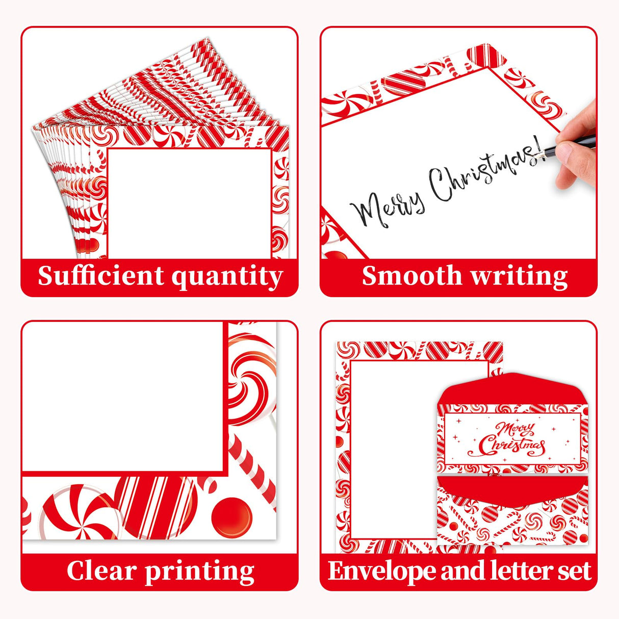 Lonfliness 50 Set Peppermint Christmas Letterhead with Paper Envelopes Candy Cane Christmas Border Computer Print Paper Stationery for Note Letters to Santa Invitations Office School 8.5 x 11 In Lonfliness