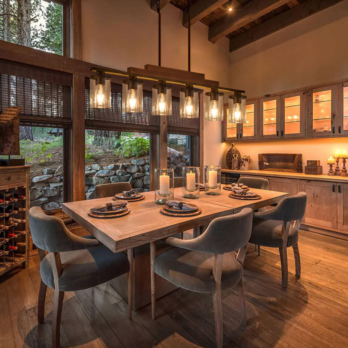 Farmhouse Chandelier 6-Light Dining Room Light Fixture Over Table Kitchen Island Lighting Rustic Chandeliers for Dining Light with Glass Shade Wood Pendant Lights Kitchen Island TWIG