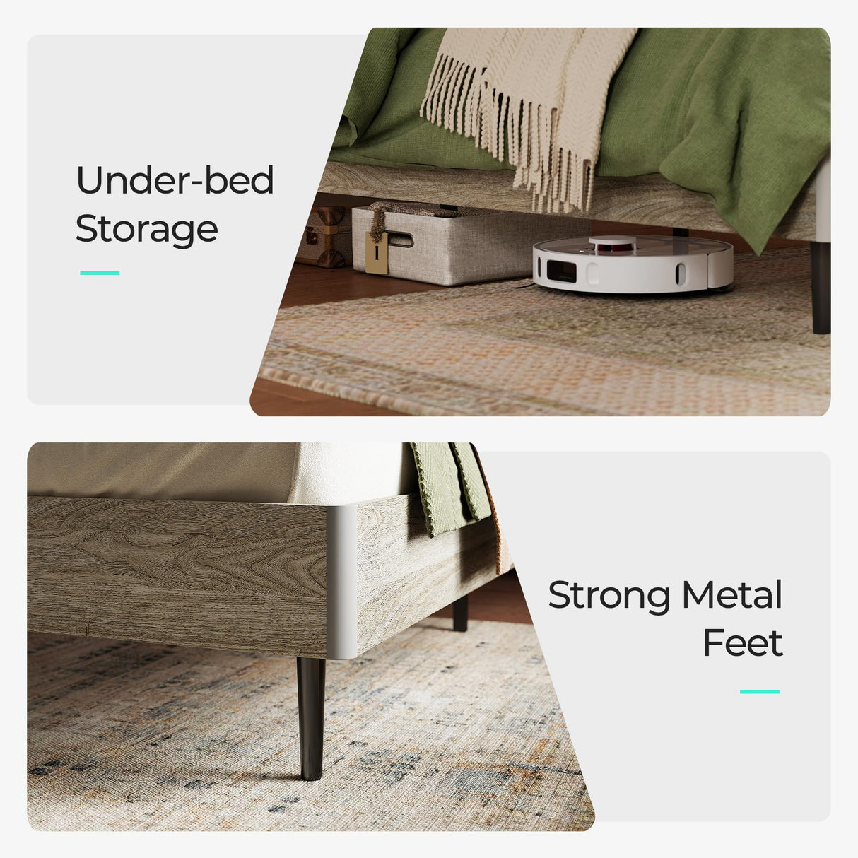 LINSY Full Size Bed Frame Wood with RGB Lights, Outlets, Charger, Farmhouse Wood Bed Frame Full with Ergonomic Headboard, Storage Shelf, Noise-Free, No Box Spring Needed - Beige LINSY