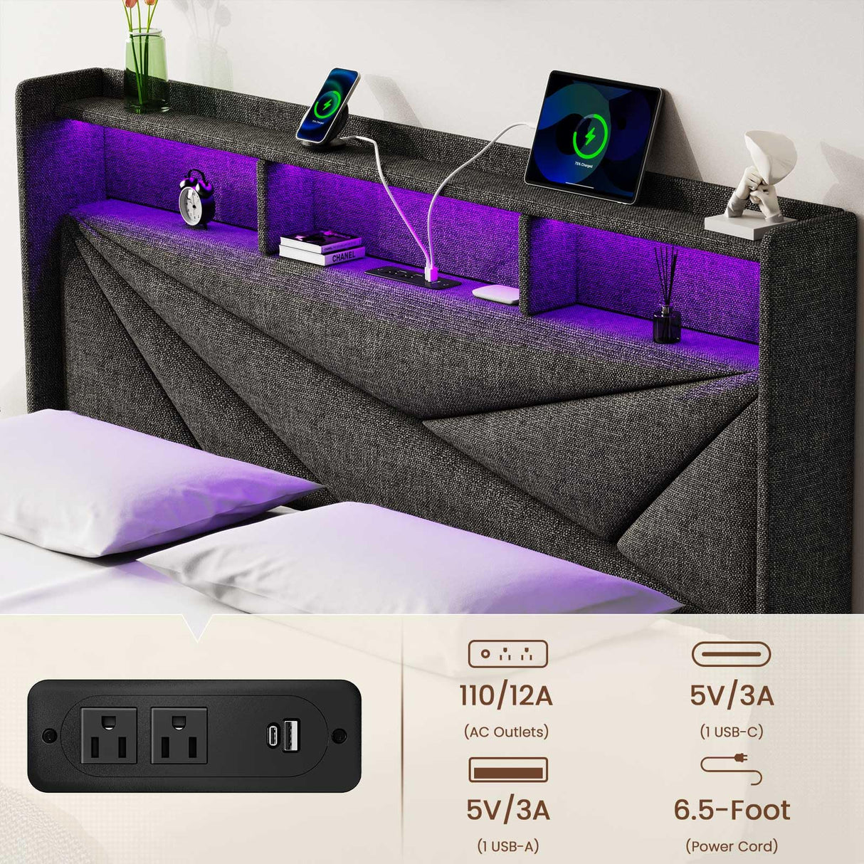 Driftalia LED Full Size Bed Frame with 2 Storage Drawers, Upholstered Full Bed Frame with Headboard and Charging Station, No Box Spring Needed, Easy to Assembly-Dark Grey Driftalia