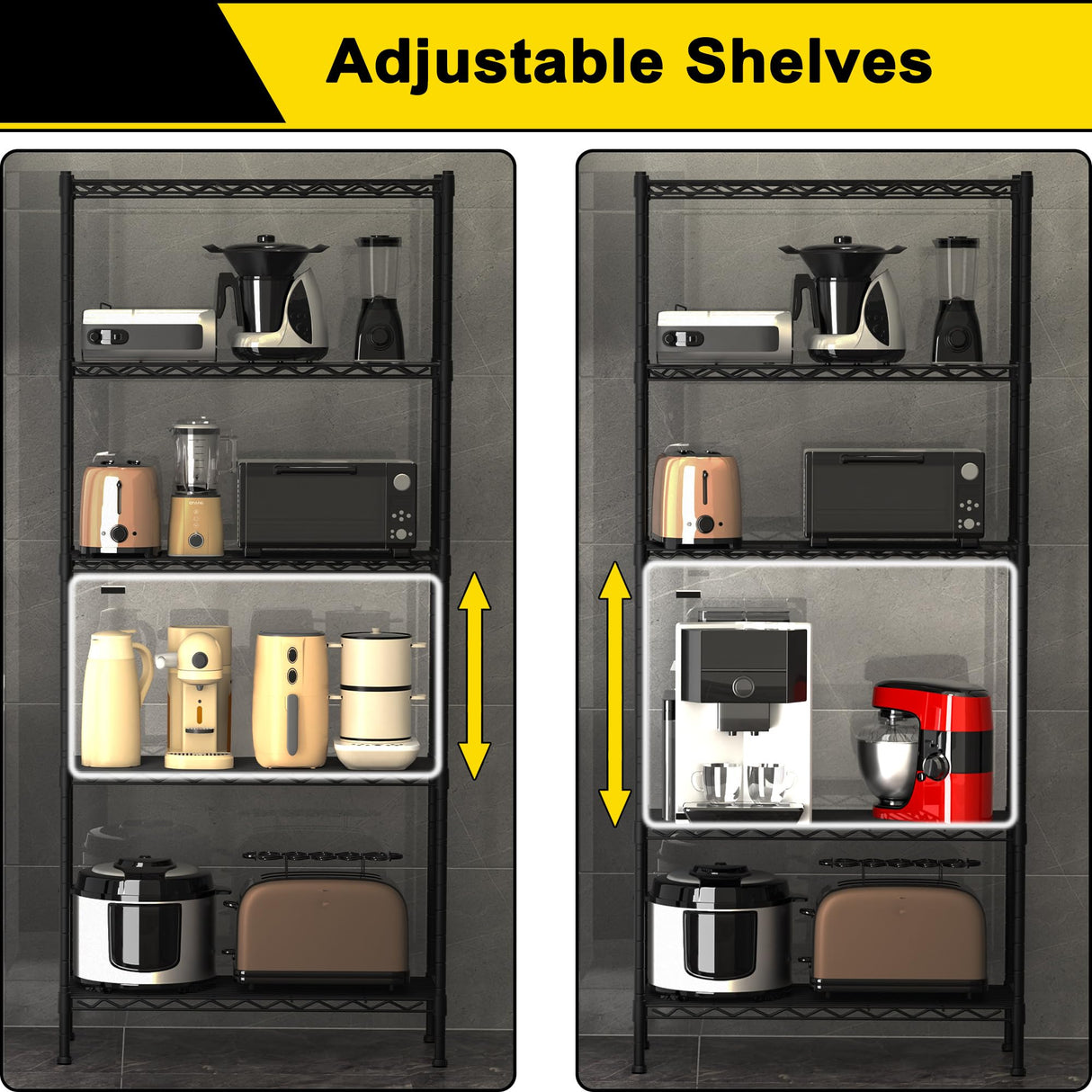 GIOTORENT 5-Wire Garage Shelving Storage Shelves, Kitchen Storage Adjustable Shelf, Metal Shelves 500Lbs Capacity 21" L x 11.8" W x 53.8" H for Laundry Bathroom Pantry Closet, Grey GIOTORENT