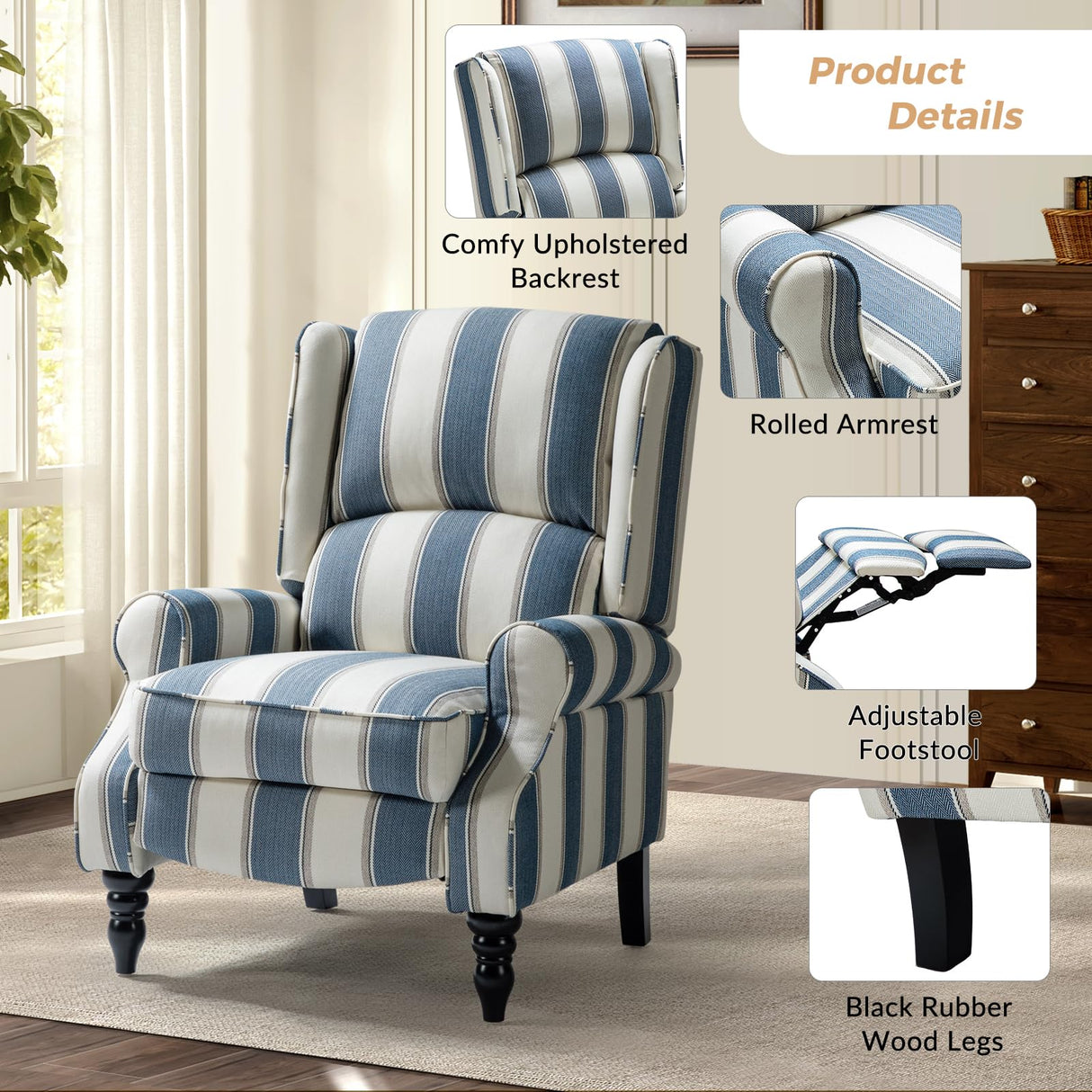 HULALA HOME Upholstered Wingback Recliner Chair, Small Adjustable Footrest Push Back Single Reclining Sofa, Mid Century Modern Lounge Armchair for Living Room, Bedroom, Reading/Stripe Navy HULALA HOME