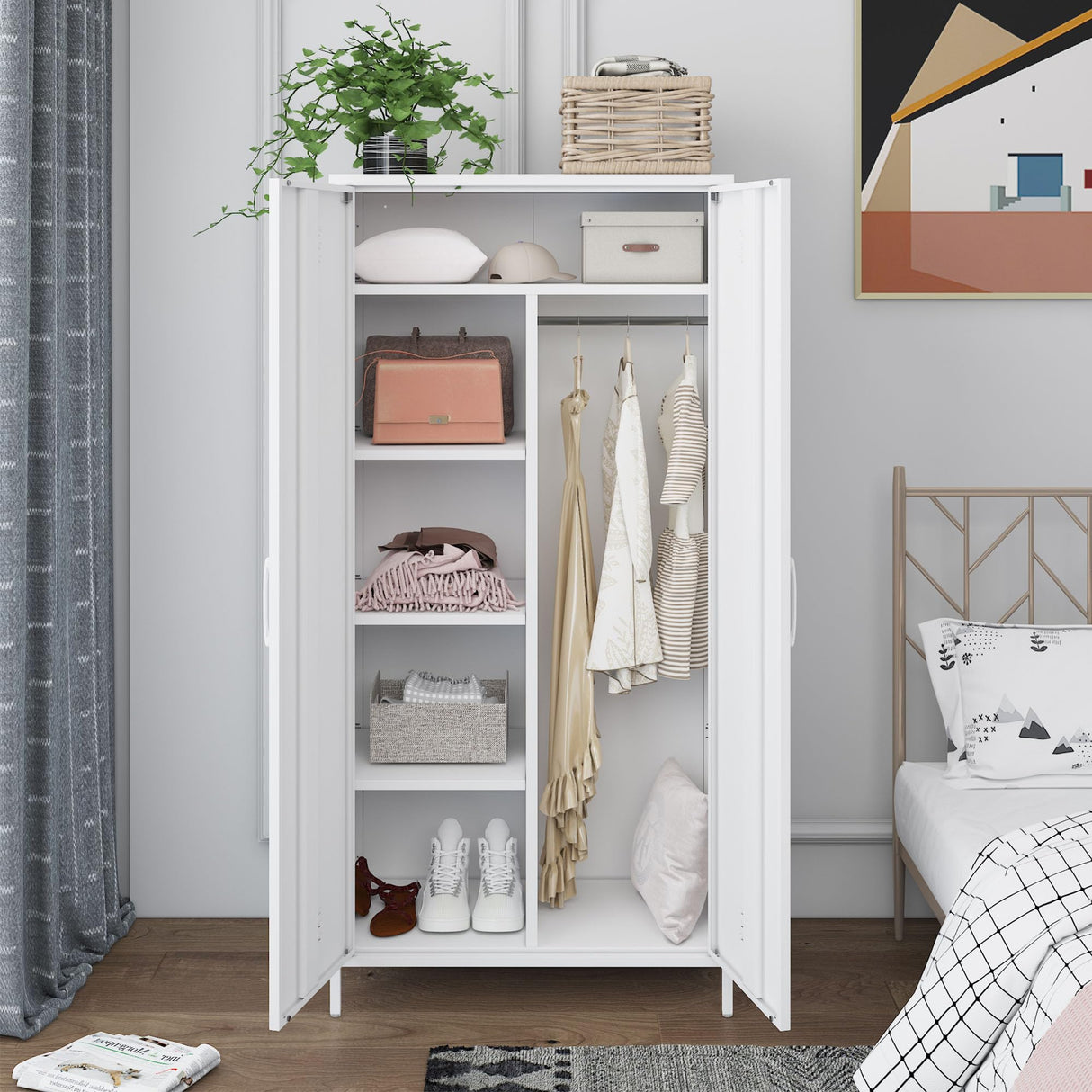 MIOCASA Metal Armoire, Wardrobe Closet Cabinet with 1 Hanging Rod and 4 Shelves Steel Storage Locker Clothes Organizer for Bedroom, Changing Room, Laundry Room, Office - White MIOCASA