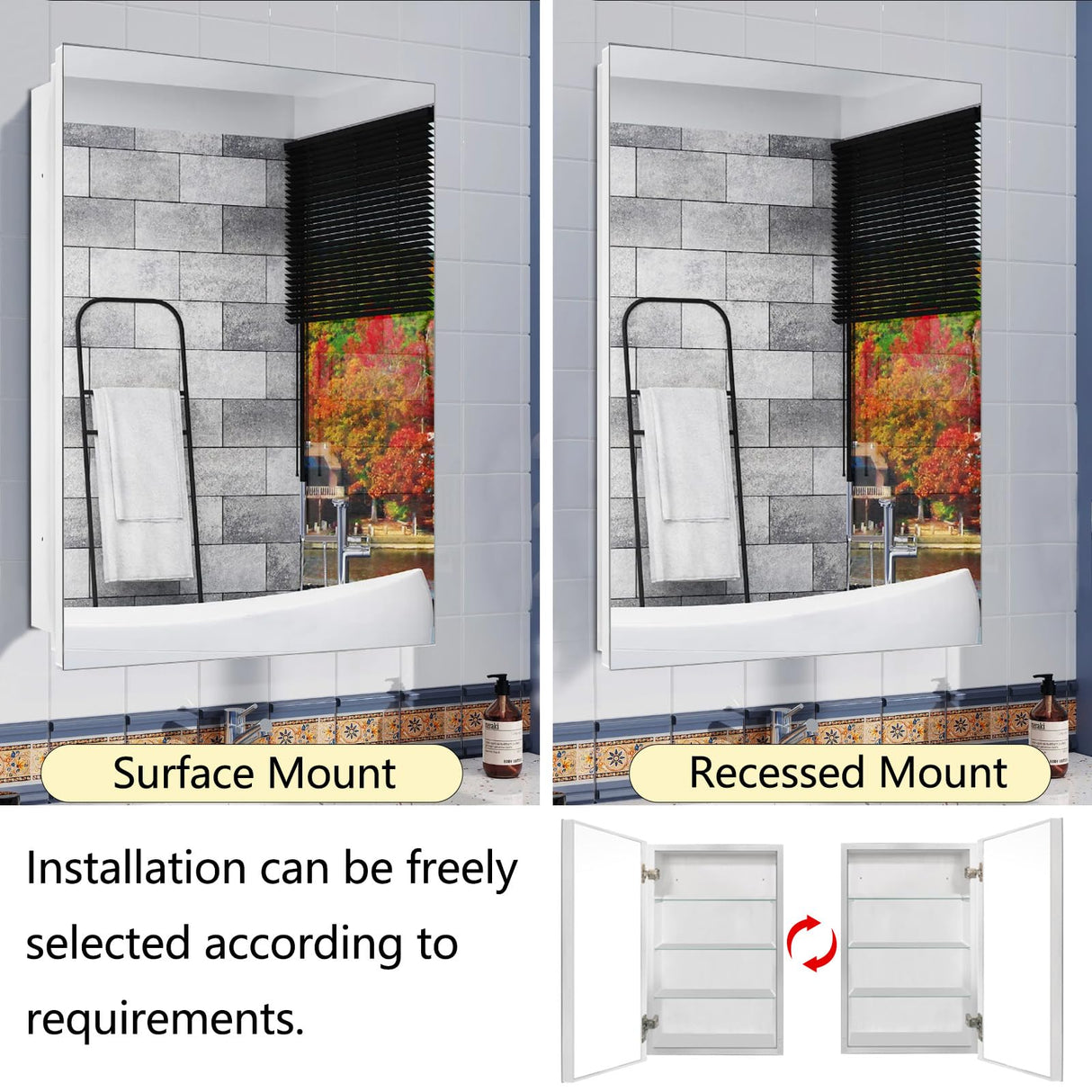 HESONTH Medicine Cabinet with Mirror, 16x26 Inch Frameless Bathroom Cabinet, 3-Tier Tempered Glass Shelves, Recessed or Surface Mount, Waterproof Storage for Bathroom Bedroom Kitchen HESONTH