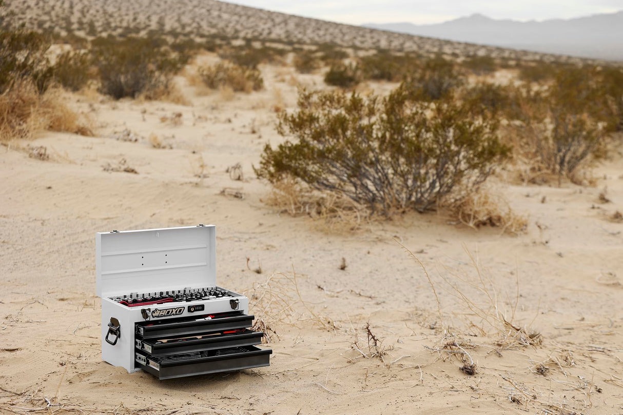 Boxo USA Hand Carry Tool Box 3-Drawer Heavy Duty Steel Toolbox with Lock System (White) BOXO