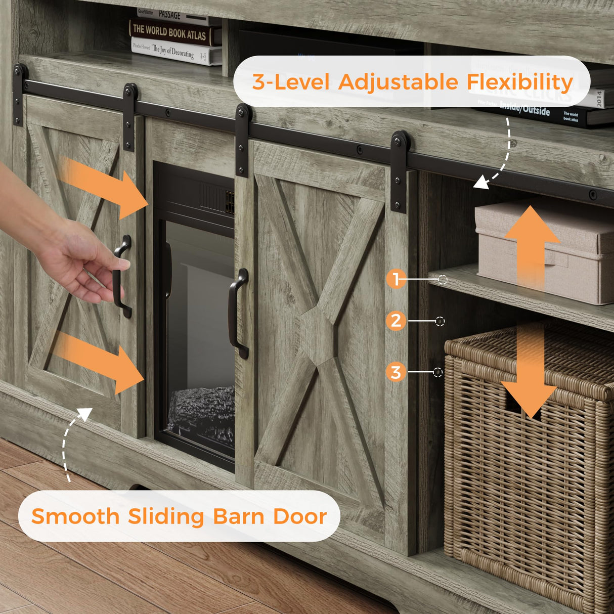 May in Color Fireplace TV Stand for 65+ Inch TV, Farmhouse Entertainment Center with 23" Electric Fireplace with Remote, Modern Rustic TV Console with Sliding Bar Door for Living Room,Light Grey May in Color