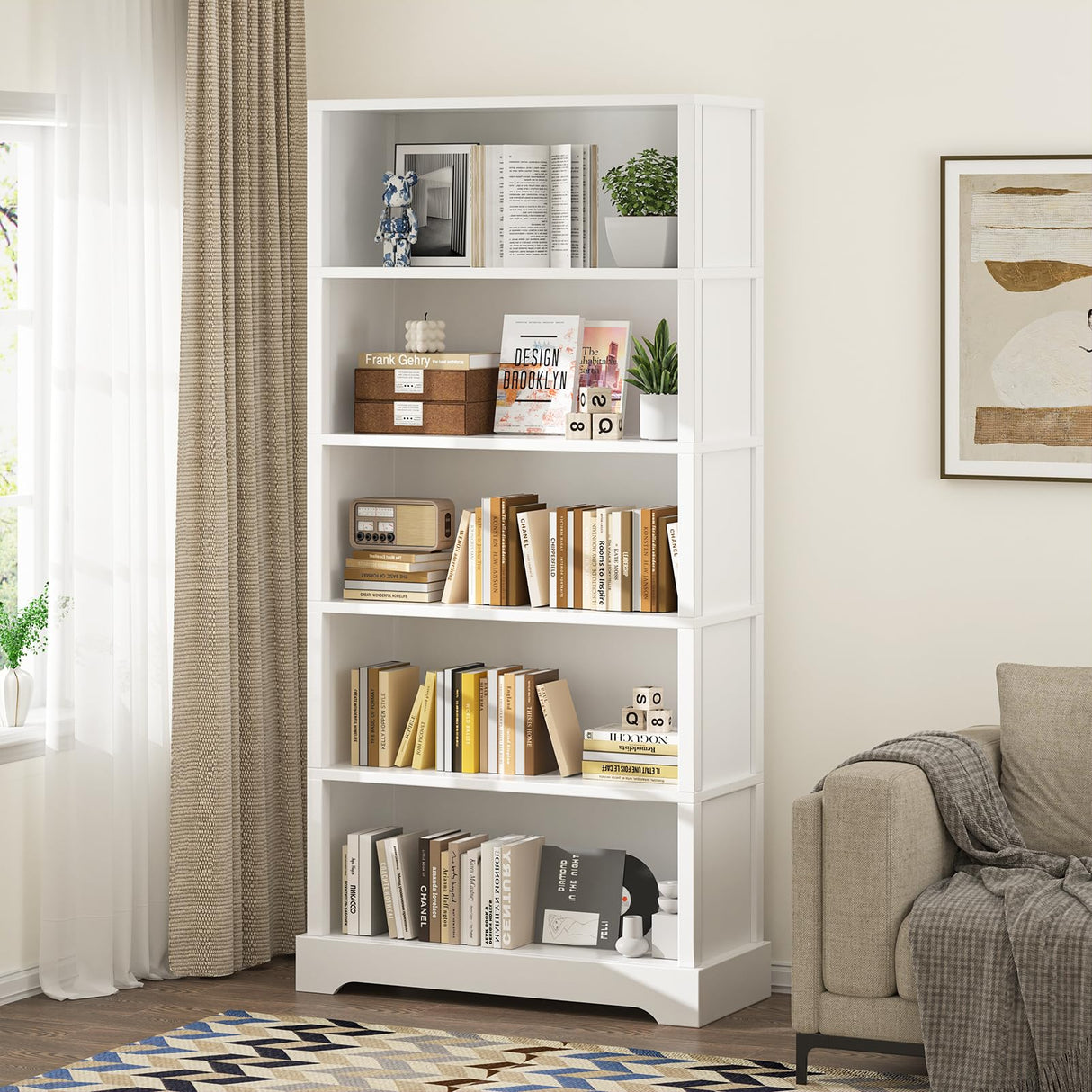 TVU 5-Tier Wooden Book shelf, 65"H × 31.5"W × 9.9“D Bookshelf with Storage, Floor-Standing Display Bookcase, Farmhouse Style Bookshelf with Arched Base, Suitable for Living Room, Study, Office, White TVU