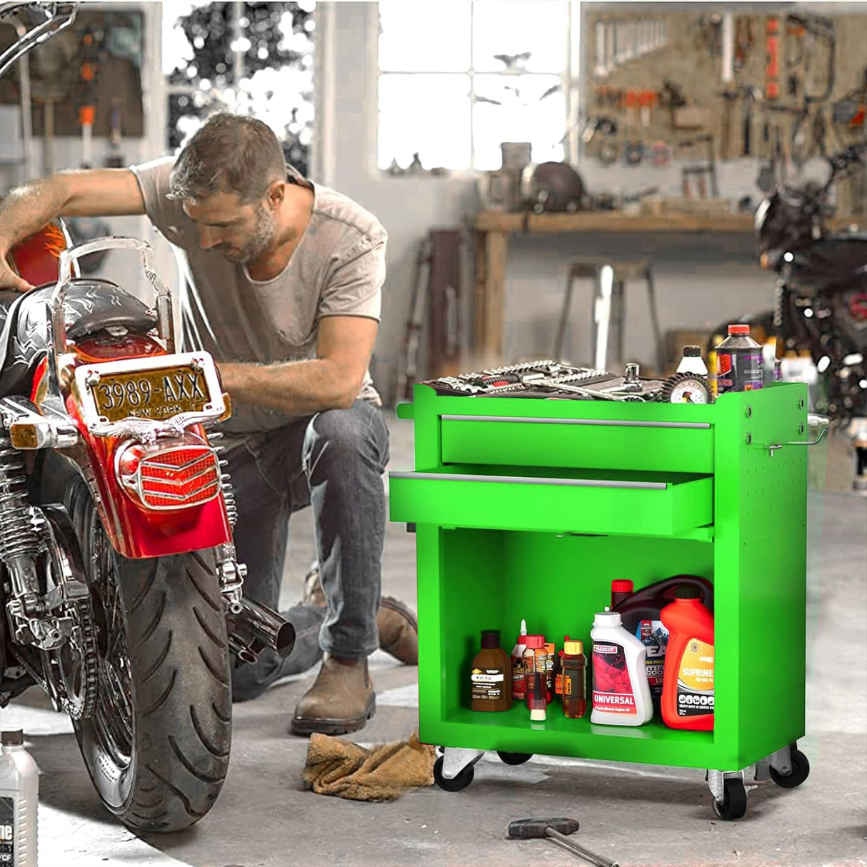 Dawmilon Tool Chest, 8-Drawer Rolling Tool Storage Cabinet with Wheels, Detachable Top Tool Box, and Locking Mechanism, Metal Tool Cart with Liner and 6 Hooks for Garage, Workshop, Green Dawmilon