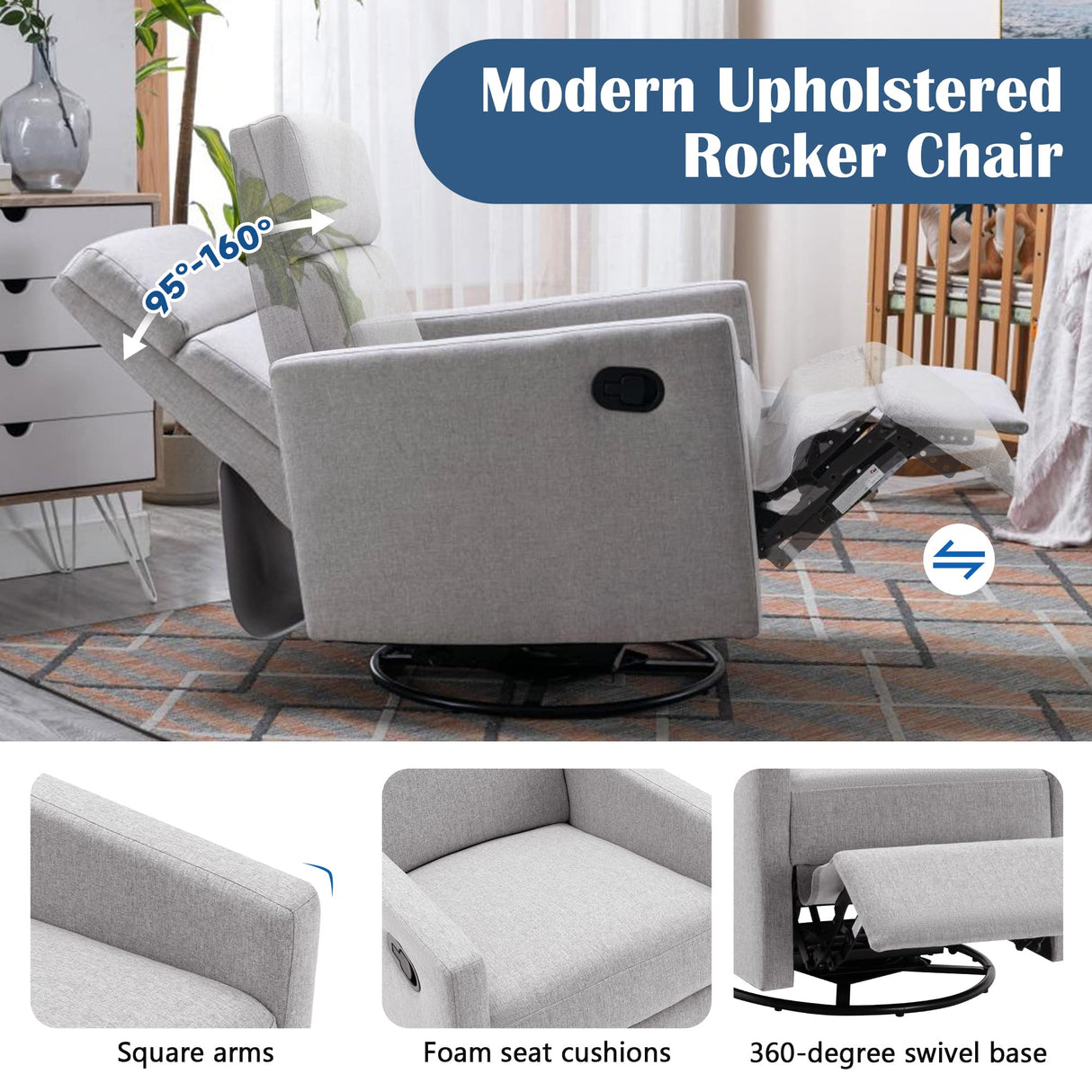 Merax Modern Upholstered Manual Swivel Recliner Chair w/Headsupport Adjustable Nursery Glider Rocker for Living Room, Bedroom Gray Merax