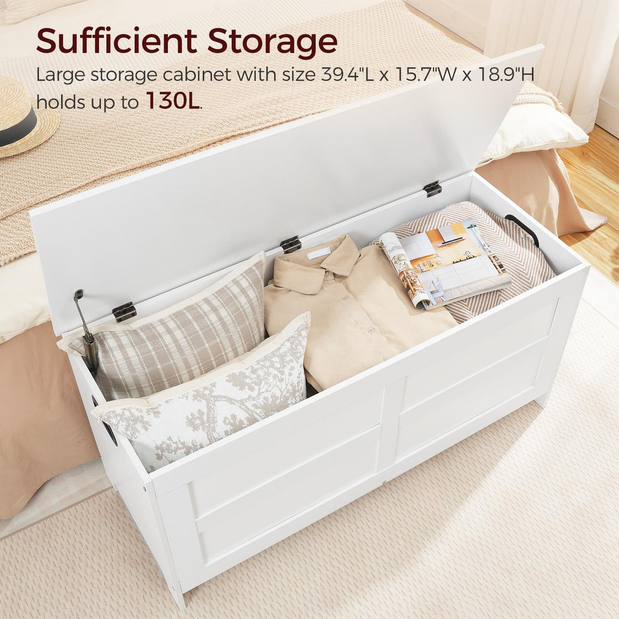 MAHANCRIS Storage Chest, 39.4”L Large Toy Chest, Entryway Storage Trunk, Toy Storage Organizer, Storage Bench with Safety Hinge, Entrance Bench for Living Room, Entrance, Bedroom, White SCWT48301 MAHANCRIS