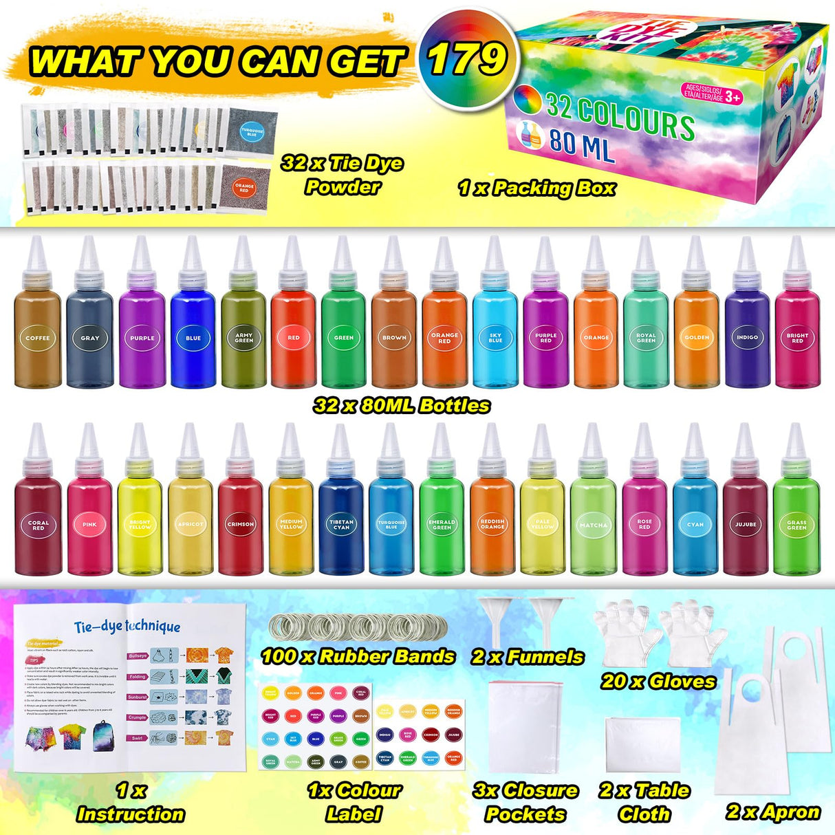 PATIFEED Tie Dye Kit for Kids and Adults, 32 Colours 80ML Bottles Tye Dye Kits, Tyedyedye Kit Gifts for Girls and Boys Large Groups Activities Handmade Party PATIFEED