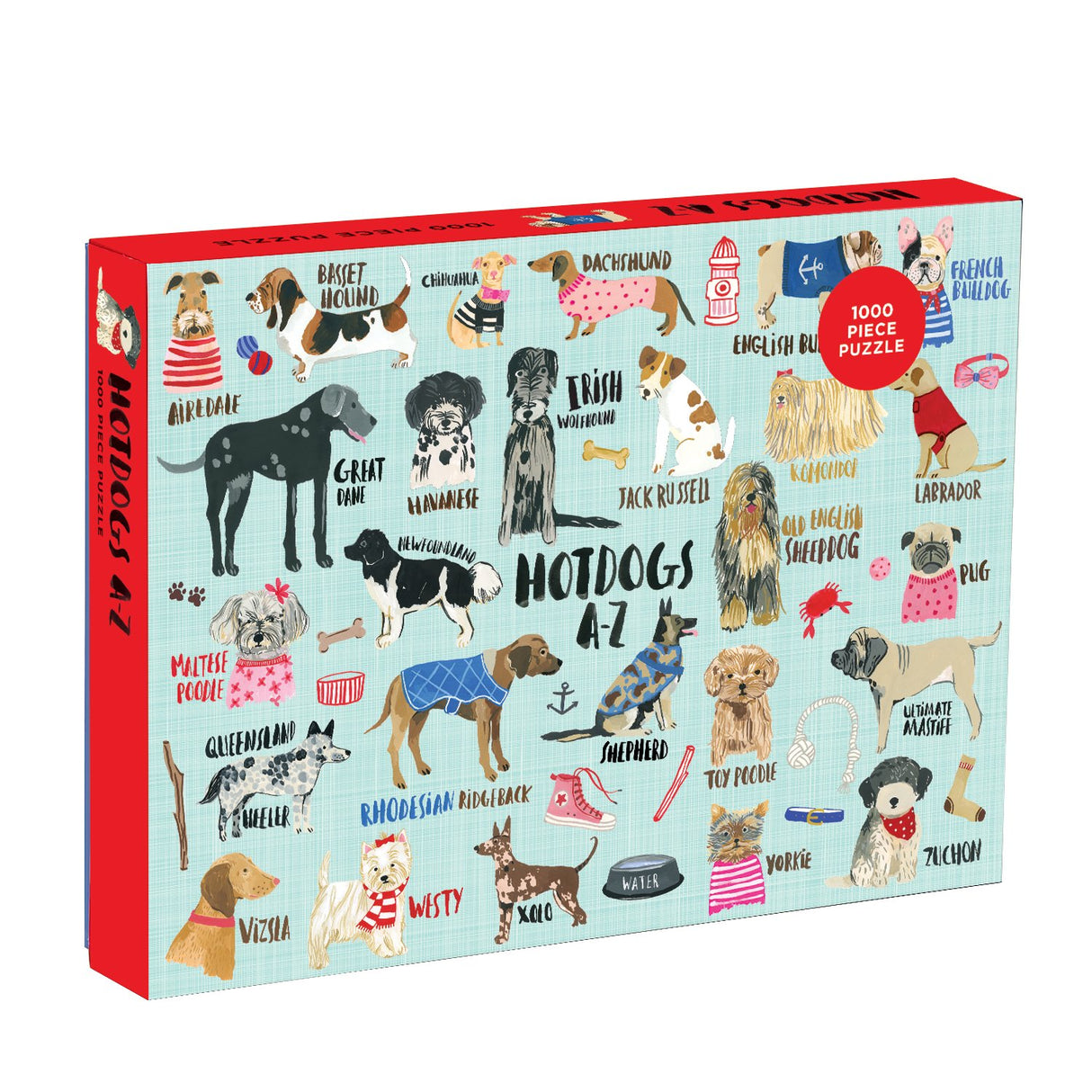 Galison Mudpuppy Hot Dogs A-Z Puzzle, 1000 Piece Dog Jigsaw Puzzle, 27”x20”, Perfect for Ages 8-99+, Family Puzzle to Celebrate Dogs, Illustrations of 26 Dog Breeds, Great Gift for Dog Lovers Galison