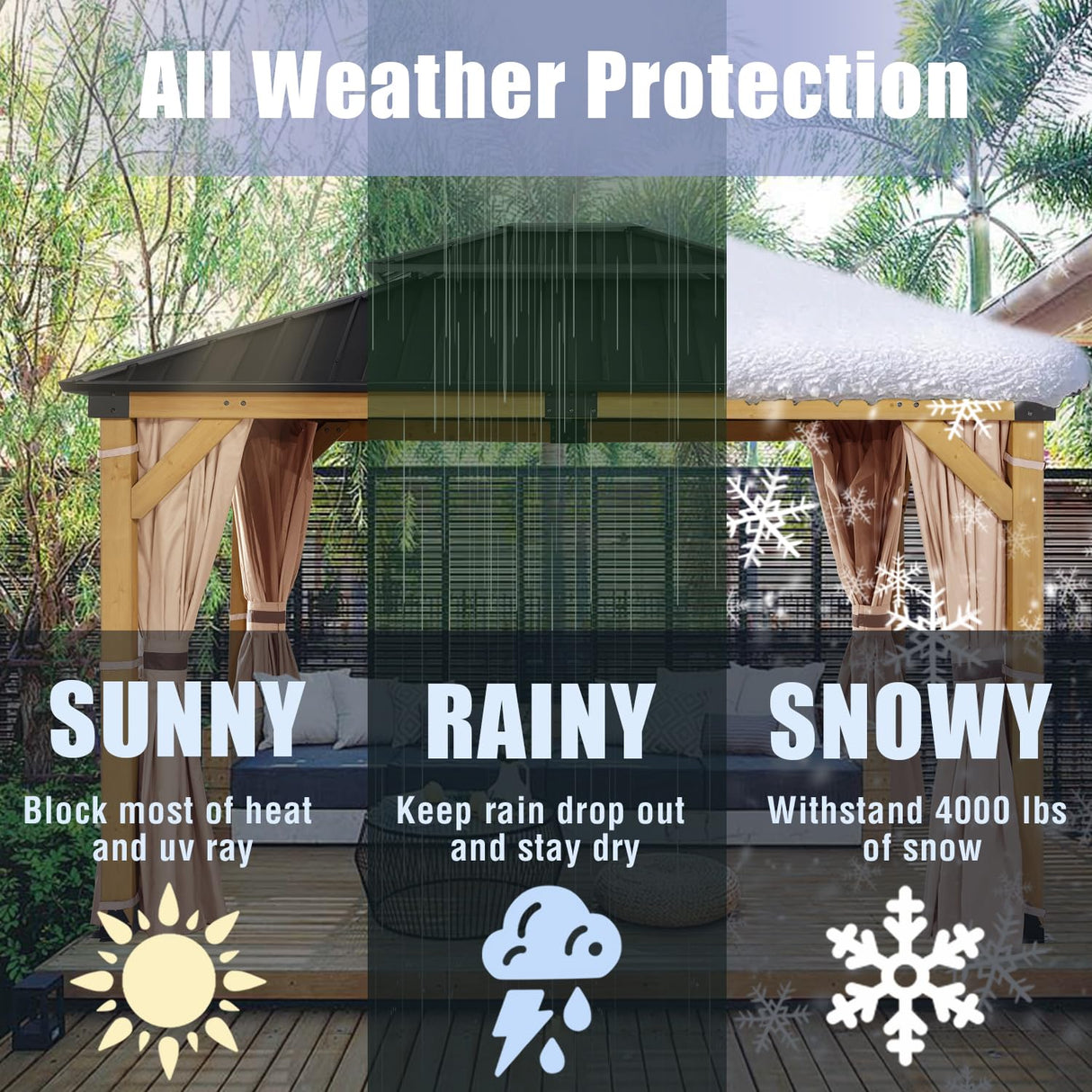 CHARMELEON 10'x12' Wood Gazebo,Patio Cedar Wood Gazebo with Mosquito Netting and Curtains, Galvanized Steel Hardtop Pavilion for Outdoor, Garden, Deck CHARMELEON