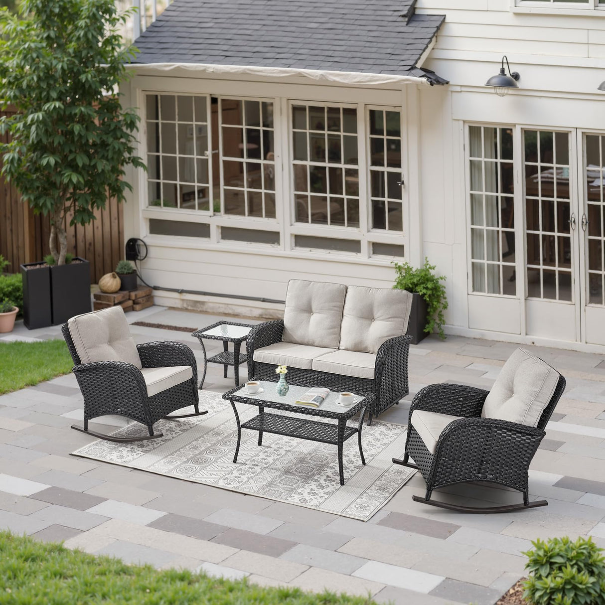 Belord Patio Rocking Chairs Wicker Set - Outdoor Rocking Chairs Set of 2 with Side Table, 3 Piece Patio Rocker Furniture Set with Water-Resistant Cushions for Porch Balcony Backyard Black Belord