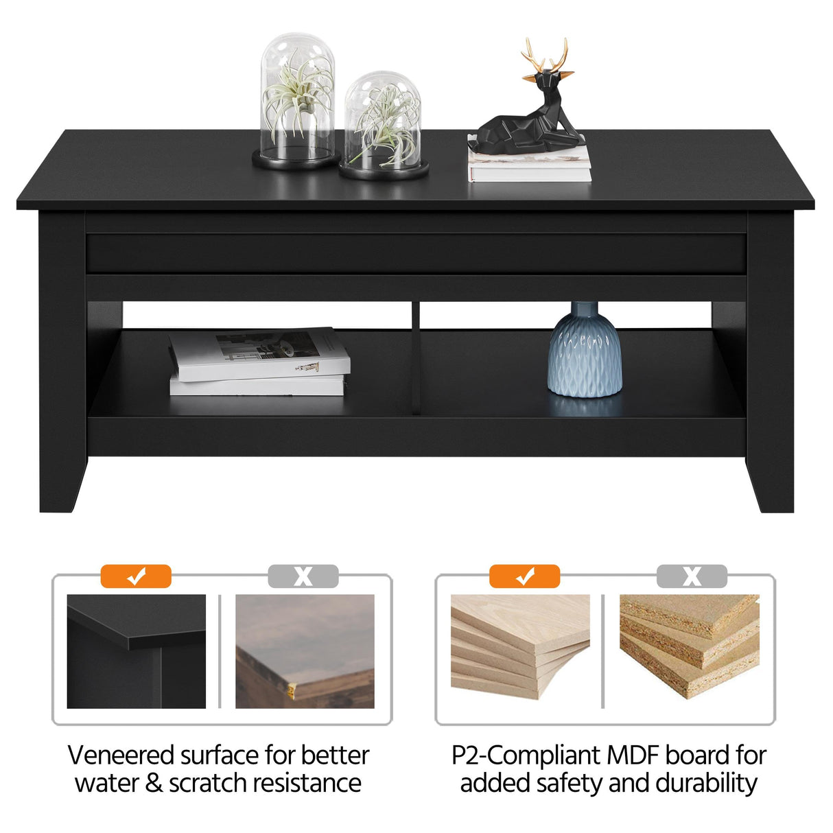 Yaheetech Black Coffee Table, Lift Top Coffee Table with Hidden Storage Compartment & Open Shelf, Lift Tabletop Pop-Up Coffee Table for Living Room Reception, 47.5inch L Yaheetech