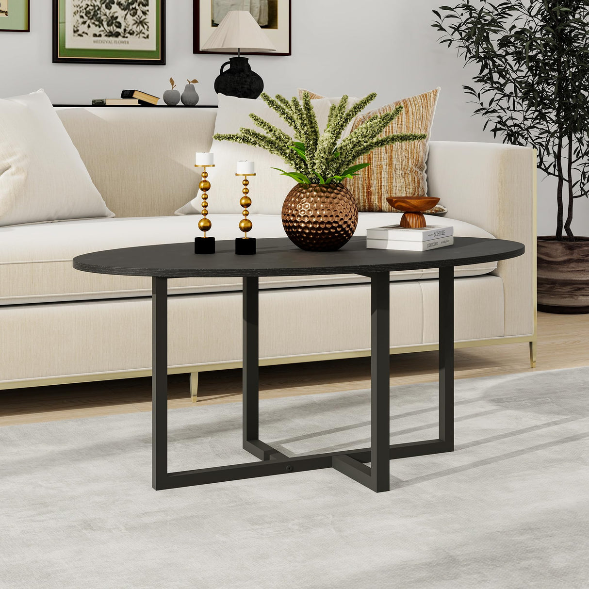 VERFARM Oval Coffee Table for Living Room, Center Table Tea Table with Metal Frame for Living Room Home Office, Small Space, Easy Assembly, Black VERFARM