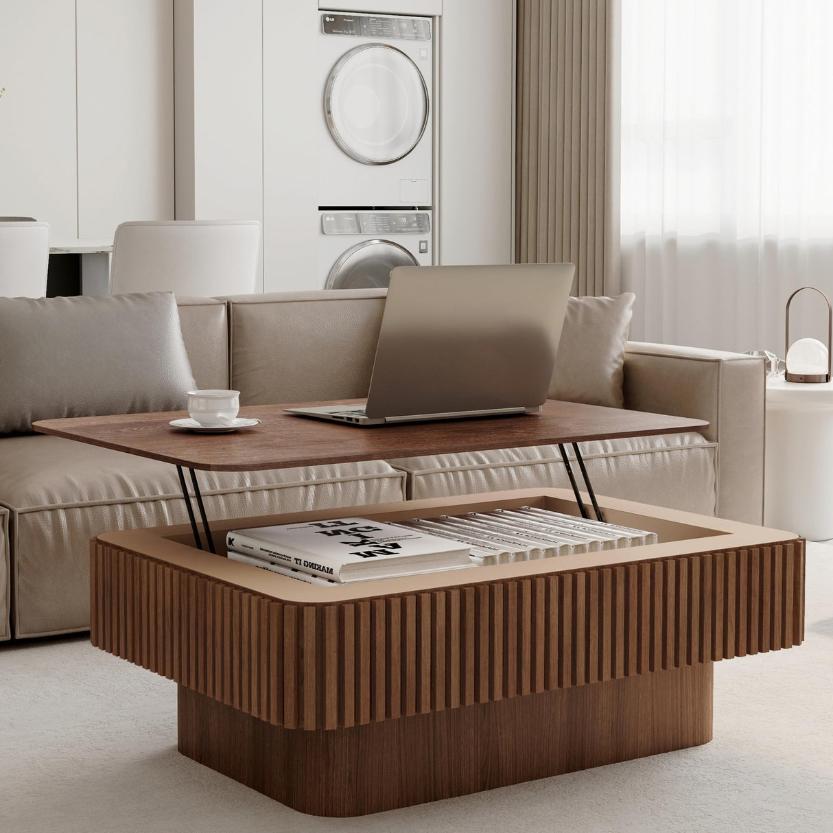 Coffee Table with Lifting Top for Living Room,Mid Century Modern Wood Fluted Lift Top Coffee Tables with Storage,38.6'' Modern Smart Rectangular Lift Pull Up Tabletop for Apartment Office,Walnut BSYEIO